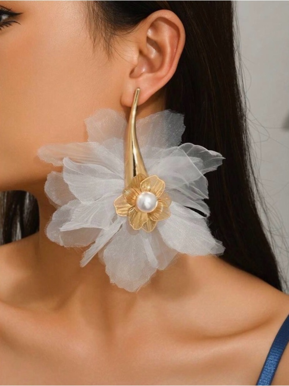 Gold Floral Pearl Drop Earrings with White Organza Petals